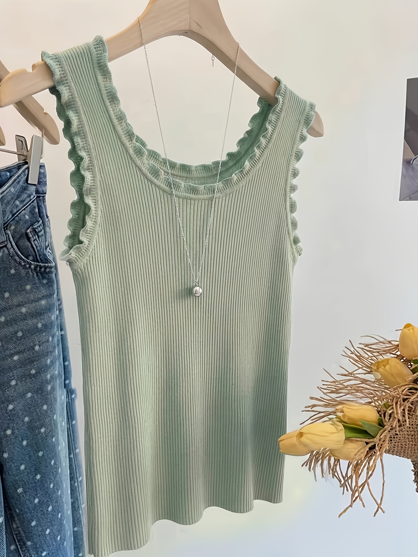 Women's Sleeveless Lace Trim R – обзор и цена Tank Top Ribbed